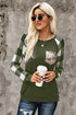 Plaid Splicing Sequined Pocket Long Sleeve Top